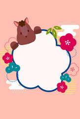 ウマが梅の花の写真フレームを持っている午年年賀状テンプレート(文字なし)