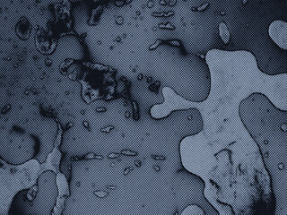 Monochromatic blue-gray background featuring immiscible liquid forms. An abstract microscopic composition with a vintage halftone texture.