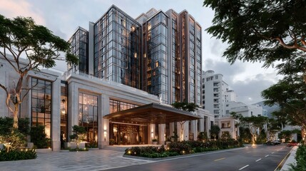 Obraz premium Modern High Rise Building Exterior with Glass Facade and Landscaping in Urban Setting