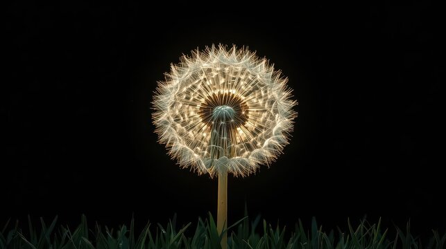 Close up of a dandelion seed head with glowing light against a black background and green grass
