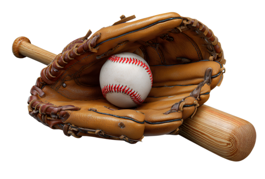  Baseball glove and bat with red baseball clip art, transparent background