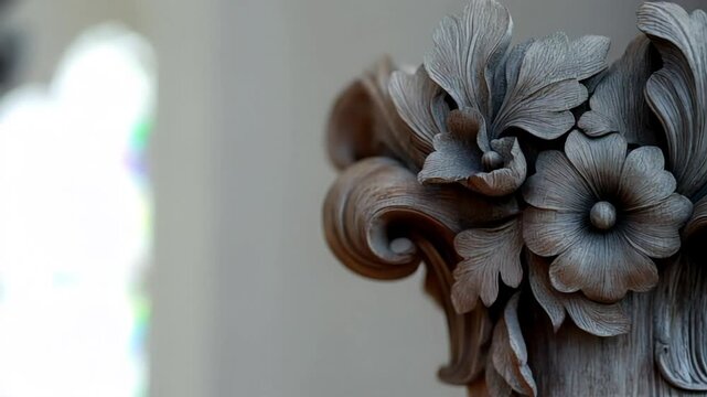 Ornate Wood Carving with Floral and Leaf Motifs