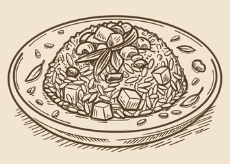 Fototapeta premium Hand drawn sketch of a delicious rice dish with tofu and mushrooms