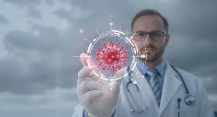 Doctor holding a red coronavirus model with digital interface against a cloudy sky background