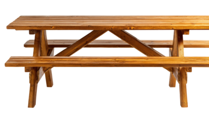 Wooden picnic table, rustic design. Two benches atop a sturdy frame