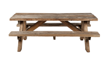 Wooden picnic table, weathered and rustic