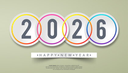 Happy New Year 2026 graphic design.  Three overlapping circles, each with a digit of the year, are layered on a light beige background.  