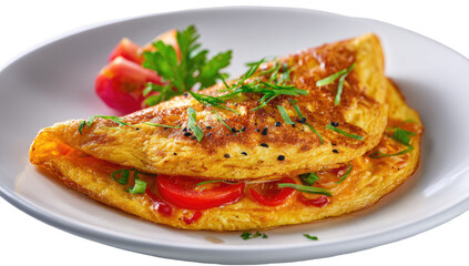 Savory omelet, golden-brown, filled with sliced tomatoes and herbs, served on a white plate