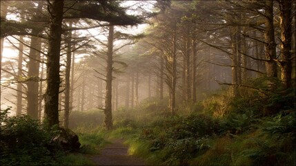 A misty forest with diverging paths, bathed in golden light filtering through trees.
