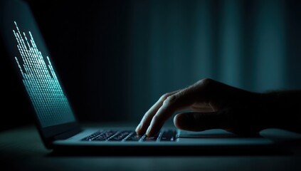 Hand on laptop keyboard with illuminated binary code display. Dark, moody lighting highlights the screen, suggesting coding, hacking, or data analysis in a focused, dimly lit setting
