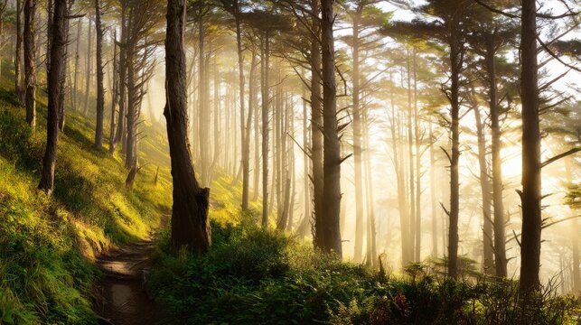 A misty forest with diverging paths, bathed in golden light filtering through trees.

