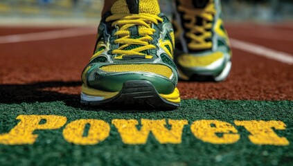 Running shoes stand on grass and a red track, with the word "Power" inscribed in the grass. The shoes are yellow and green, hinting at dynamism. The image suggests athletic strength