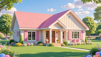 Obraz premium Cartoon house with pink roof and shutters front yard on sunny day.