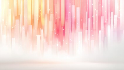 Ethereal Glow. Vertical, blurred bars blend in hues of peach, pink, and pale yellow, forming an abstract cityscape. Sparkling light motes drift across a soft, foggy foreground