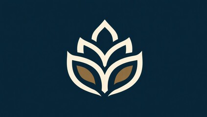Stylized floral emblem on dark blue, featuring curved lines forming a symmetrical leaf shape with a light border and inner brown accents. Modern, clean design