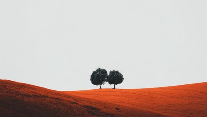 Twin trees atop a red-orange grassy hill, against a vast, bright sky. Minimalist, serene scene, emphasizing the quiet beauty of nature and the simple elegance of the landscape