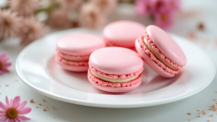 Obraz premium Pink Macarons on Plate with Flowers, Close-up View on White Surface