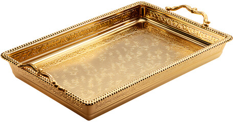  Gold rectangular tray with handle on a white background