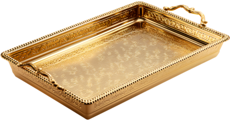  Gold rectangular tray with handle on a white background