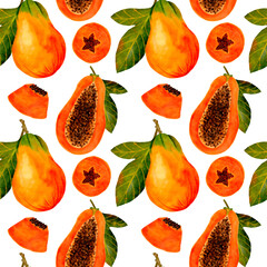 A Beautiful and Vibrant Papaya Accompanied by Various Tropical Fruits Patterned Design