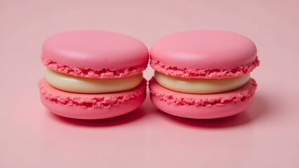 Fototapeta premium Pink macarons with cream filling on pastel background, delicious treat
