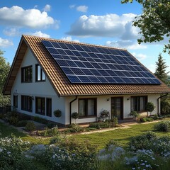 Fototapeta premium Residential Home with Solar Panels on Tiled Roof on Sunny Day with Cloudy Blue Sky