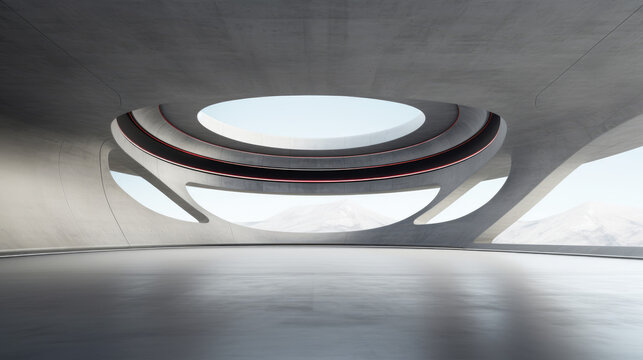 White architectural space with circular forms and modern concrete materials. A vast empty hall featuring towering columns and a soft, glowing white ambiance. Minimalist and futuristic interior design