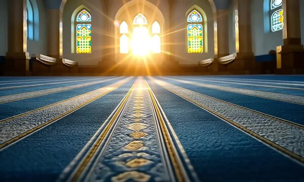 Sunlight streams into a mosque prayer hall