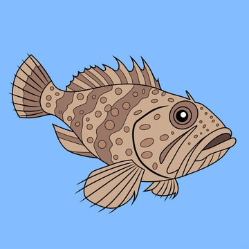 Vector illustration of a stonefish with textured brown patterns and bold fins, set against a blue background. Perfect for marine-themed art and educational materials.