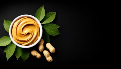 Creamy peanut butter swirls in a white bowl, arranged with peanuts and leafy green foliage against a stark black background, minimal style, eye-level shot