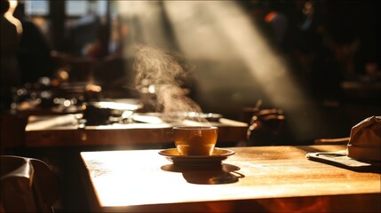 A steaming cup of coffee on a cafe table, warmed by morning sunlight.
