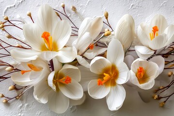 Obraz premium Elegant white crocus flowers with vibrant orange centers create a beautiful floral arrangement.