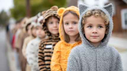 Obraz premium Children in creative animal costumes gather for festive parade celebration