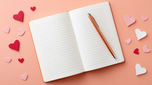 Open notebook with pen surrounded by floating hearts on pastel background - perfect for romantic journaling or valentine's gift design