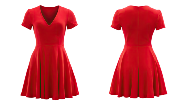 Red, short-sleeved, V-neck, A-line dress, front and back views