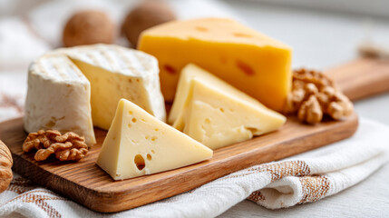 Gourmet cheese and nut platter on rustic wooden board with cotton cloth