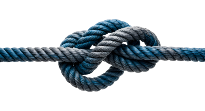 Intricate Blue and Gray Rope Knot Intertwined Strands Nautical Theme Close-Up.