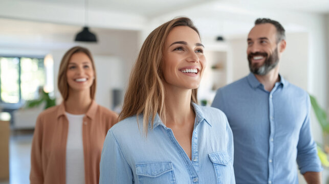 Happy couple touring dream home interior with open spaces