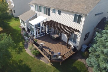 An elevated view showcases a beautiful deck with pergola, furniture, and a sunroom addition.