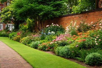 Fototapeta premium Lush garden bed with colorful flowers and greenery lines a brick wall, creating a vibrant landscape.