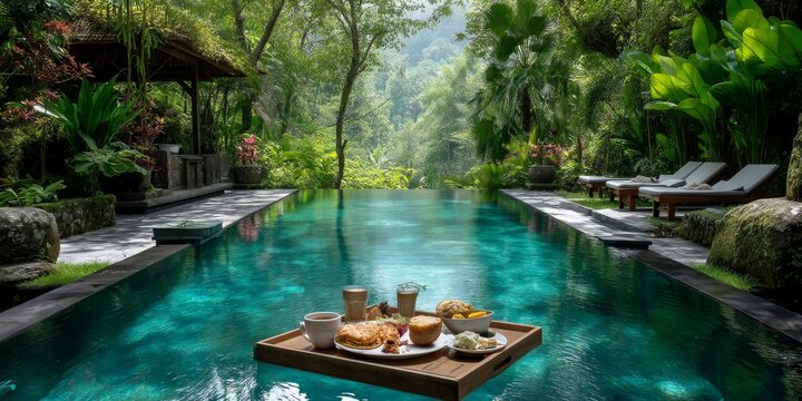 Floating breakfast tray in infinity pool overlooking tropical rainforest