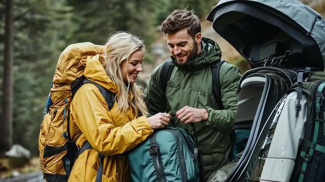 Generative AI. Couple preparing for an outdoor adventure, packing gear into a car with backpacks, surrounded by nature, showcasing excitement and readiness for exploration and travel