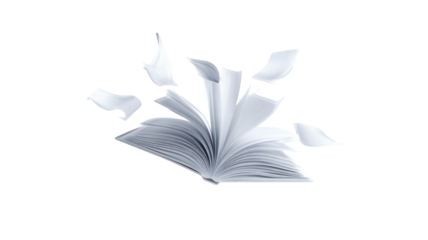 3D Render of Floating Open Notebook with Pages Turning on Transparent Background

