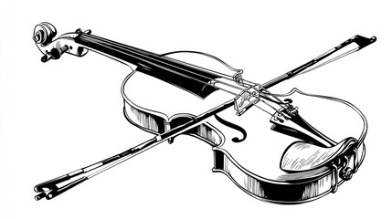 Obraz premium Detailed line drawing of a violin with a bow resting on the instrument body