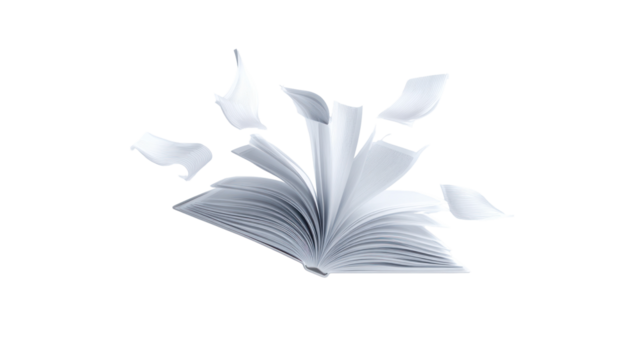 3D Render of Floating Open Notebook with Pages Turning on Transparent Background

