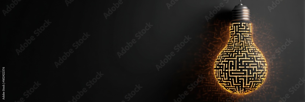 Poster glowing maze inside lightbulb shape illuminates dark space creating an intriguing visual effect