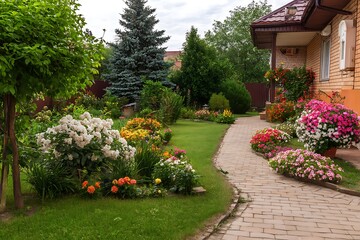 Lush garden path with vibrant flowers and greenery creates a serene outdoor space.