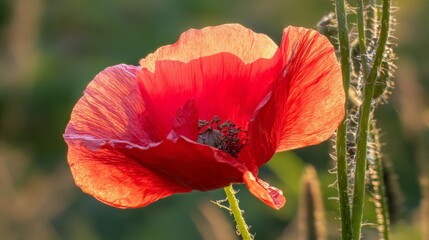 Fototapeta premium A vibrant red poppy flower bathed in golden sunset light, highlighting nature's beauty. 
