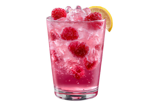 Refreshing pink lemonade with ice and fresh raspberries, isolated on a transparent background