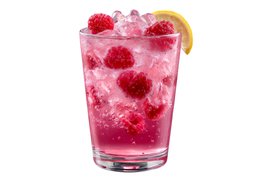 Refreshing pink lemonade with ice and fresh raspberries, isolated on a transparent background